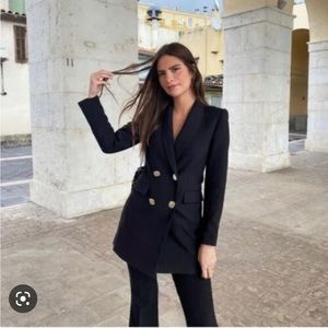 Zara Double Breasted Long Black Blazer Jacket with Gold Buttons Size XS-S